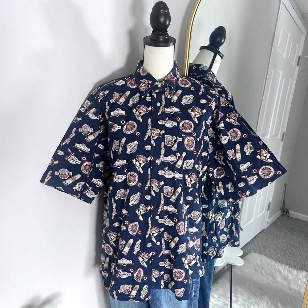 Alexander Martin Men’s Navy Hawaiian Cigar Print Button Down Shirt